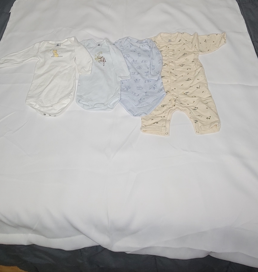 Bundle Petit Bateau Onesie Sets 0-3M Light Blue ,White and Yellow Accents